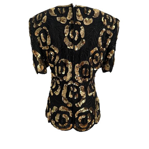VTG. Stenay Silk Blouse Womens S Black Gold Sequin Beaded Top 90s Glam New Years - Picture 3 of 10